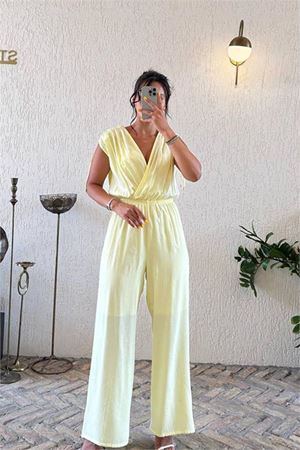 Neşeli butik kadın sarı kruvaze yaka yazlık tulum NBMY3805