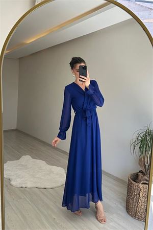 Neşeli butik kadın uzun kollu kuşaklı maxi şifon elbise NM001
