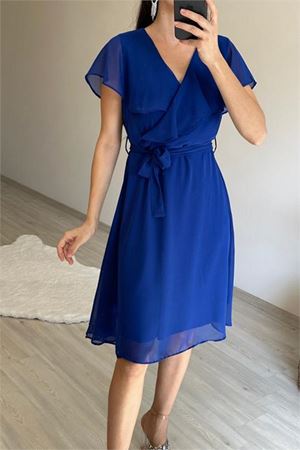 Neşeli butik kadın v yaka kuşaklı mini şifon elbise NM007