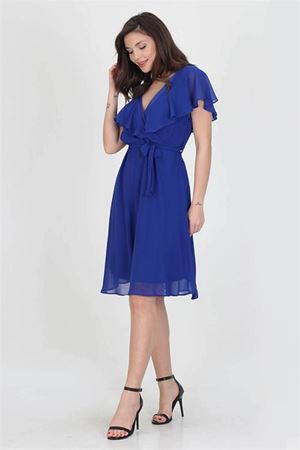 Neşeli butik kadın midi boy yeni sezon kruvaze yaka melek kol şifon elbise RY8081