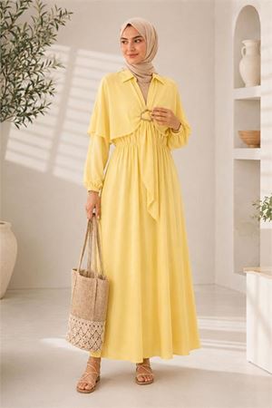 Neşeli butik kadın sarı pelerin detaylı gömlek yaka bel lastikli tesettür elbise NBELB014