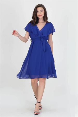 Neşeli butik kadın midi boy yeni sezon kruvaze yaka melek kol şifon elbise RY8081