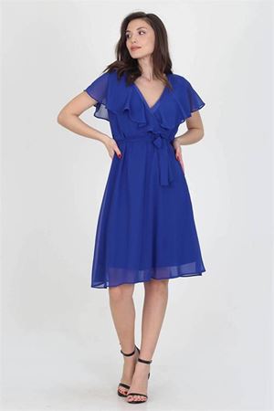 Neşeli butik kadın midi boy yeni sezon kruvaze yaka melek kol şifon elbise RY8081