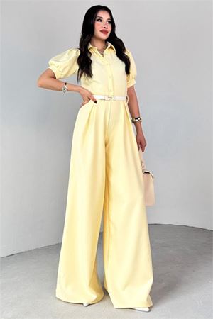 Neşeli butik kadın gömlek yaka kemerli geniş paça tulum NBK4197