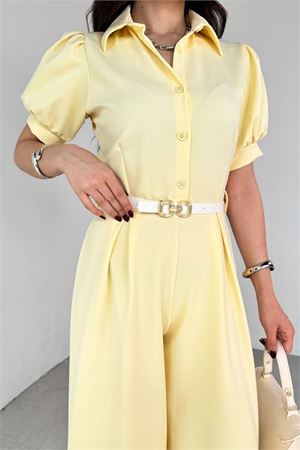 Neşeli butik kadın gömlek yaka kemerli geniş paça tulum NBK4197