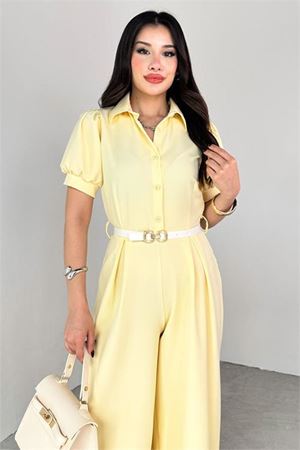 Neşeli butik kadın gömlek yaka kemerli geniş paça tulum NBK4197