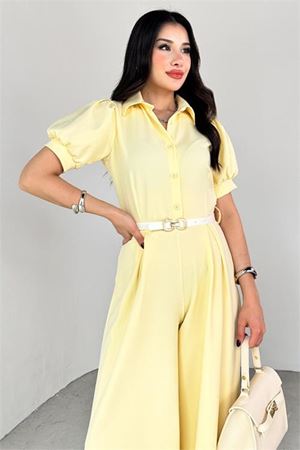 Neşeli butik kadın gömlek yaka kemerli geniş paça tulum NBK4197
