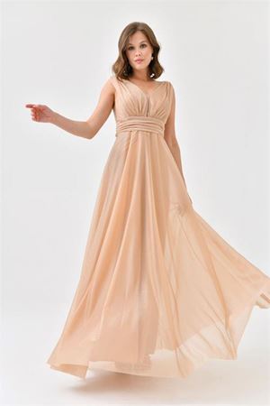 Neşeli butik kadın gold v yaka simli tül abiye elbise NBS9223
