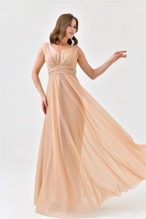 Neşeli butik kadın gold v yaka simli tül abiye elbise NBS9223