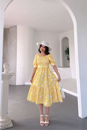 Neşeli butik kadın kemerli kare yaka çiçekli midi boy elbise NBKS4104