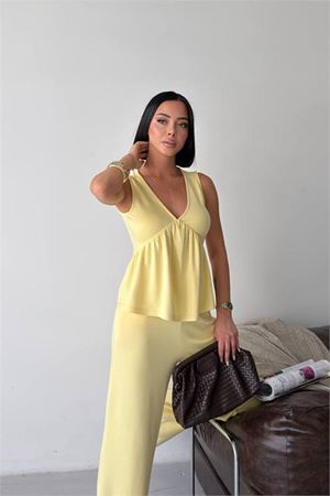Neşeli butik kadın sarı modal kumaş volanlı atlet geniş paça pantolon yazlık ikili takım NBG132