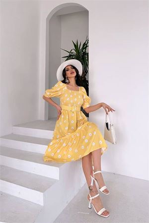 Neşeli butik kadın kemerli kare yaka çiçekli midi boy elbise NBKS4104