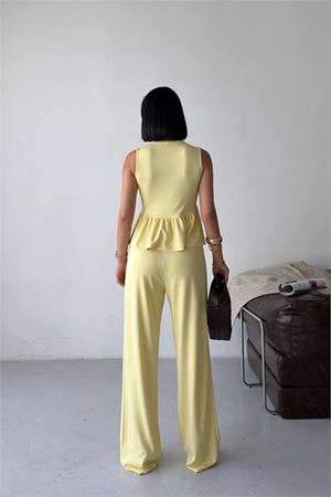 Neşeli butik kadın sarı modal kumaş volanlı atlet geniş paça pantolon yazlık ikili takım NBG132