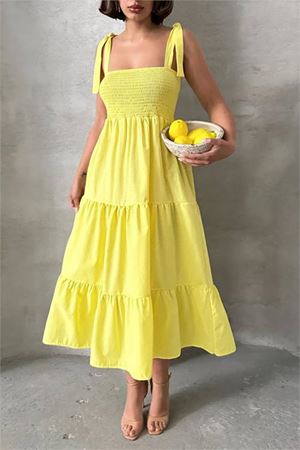 Neşeli butik kadın sarı askılı poplin kumaş yazlık elbise NBG091