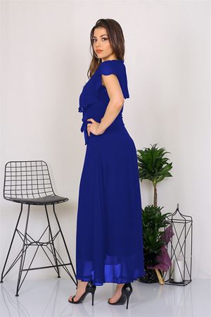 Neşeli Butik Kadın Kruvaze Yaka Bağlama Detaylı Yeni Sezon Uzun Şifon Elbise KTS001