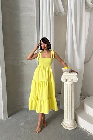 Neşeli butik kadın sarı askılı poplin kumaş yazlık elbise NBG091