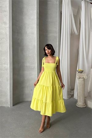Neşeli butik kadın sarı askılı poplin kumaş yazlık elbise NBG091