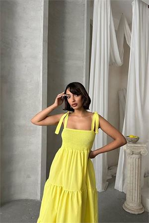 Neşeli butik kadın sarı askılı poplin kumaş yazlık elbise NBG091