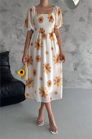 Neşeli butik kadın gipeli madonna yaka astarlı şifon elbise NBQ007