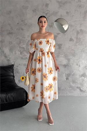 Neşeli butik kadın gipeli madonna yaka astarlı şifon elbise NBQ007