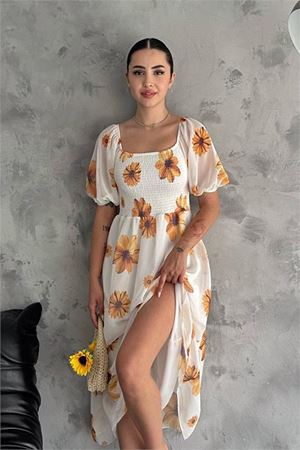 Neşeli butik kadın gipeli madonna yaka astarlı şifon elbise NBQ007
