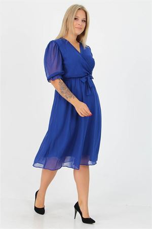 Neşeli butik kadın kruvaze yaka midi boy büyük beden şifon elbise NB8062