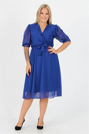 Neşeli butik kadın kruvaze yaka midi boy büyük beden şifon elbise NB8062