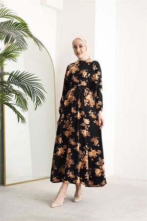 Neşeli butik kadın ithal kumaş tesettür şifon elbise SMS026 - Sarı