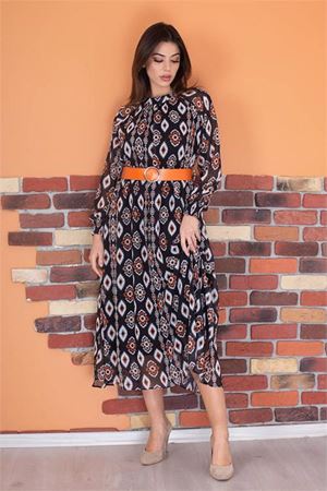 Neşeli butik kadın kemerli yaka detaylı astarlı şifon elbise RY0032