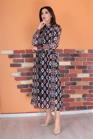 Neşeli butik kadın kemerli yaka detaylı astarlı şifon elbise RY0032