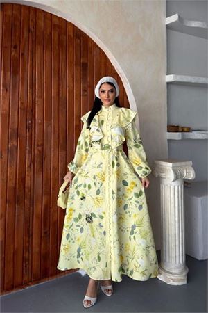 Neşeli butik kadın sarı fırfır detaylı çiçek desenli atlas kumaş düğmeli tasarım elbise NBMS26102