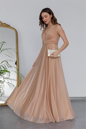 Neşeli butik kadın gold drapeli tül abiye elbise NB2030