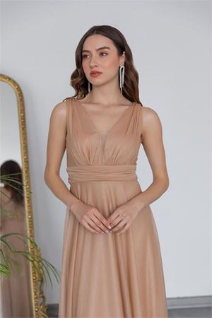 Neşeli butik kadın gold drapeli tül abiye elbise NB2030