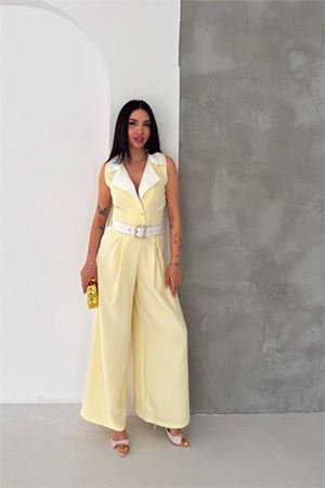 Neşeli butik kadın sarı çift renkli kemerli şerit detaylı tam boy kolsuz tulum NBK087