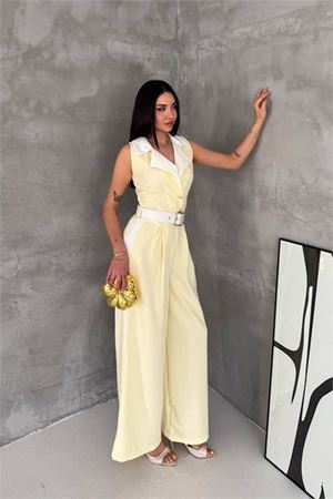 Neşeli butik kadın sarı çift renkli kemerli şerit detaylı tam boy kolsuz tulum NBK087