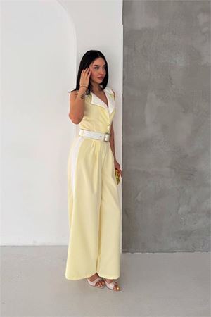 Neşeli butik kadın sarı çift renkli kemerli şerit detaylı tam boy kolsuz tulum NBK087