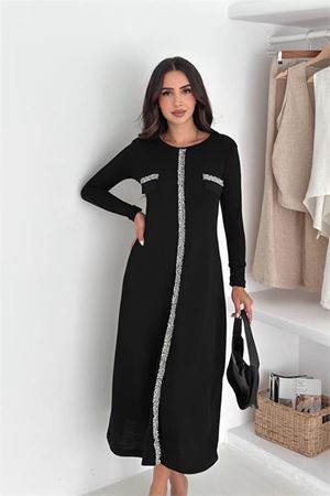 Neşeli butik kadın taş şerit detaylı uzun kol midi boy günlük elbise NBK4343
