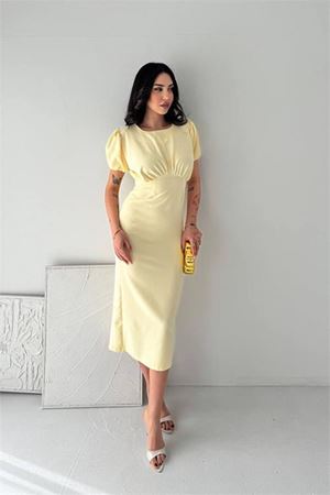 Neşeli butik kadın sarı midi boy büzgü detaylı balon kol dar kesim elbise NBK4574