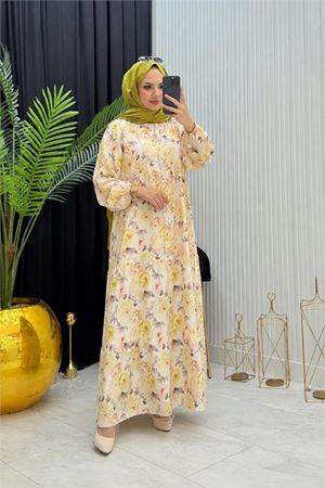 Neşeli butik kadın sarı boydan düğmeli çiçek desenli yazlık tesettür elbise NMS098