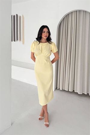 Neşeli butik kadın sarı midi boy büzgü detaylı balon kol dar kesim elbise NBK4574