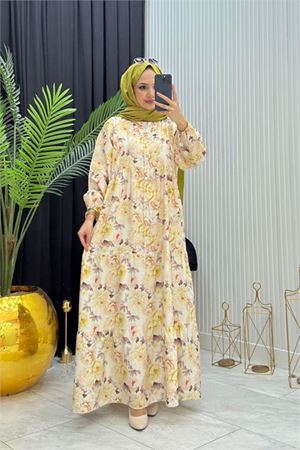 Neşeli butik kadın sarı boydan düğmeli çiçek desenli yazlık tesettür elbise NMS098