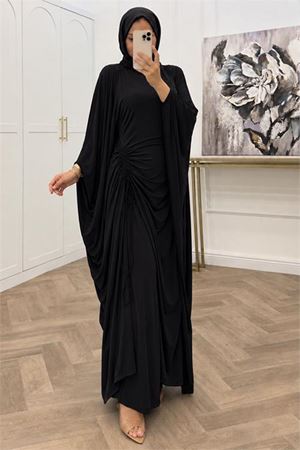 Neşeli butik kadın siyah büzgü detaylı premium tunik pantolon tesettür takım NMS103