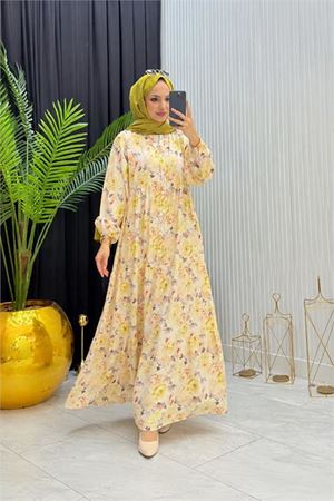 Neşeli butik kadın sarı boydan düğmeli çiçek desenli yazlık tesettür elbise NMS098