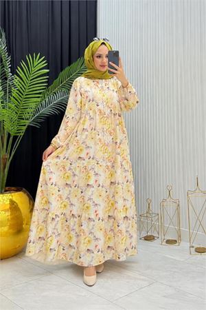 Neşeli butik kadın sarı boydan düğmeli çiçek desenli yazlık tesettür elbise NMS098