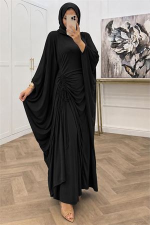Neşeli butik kadın siyah büzgü detaylı premium tunik pantolon tesettür takım NMS103