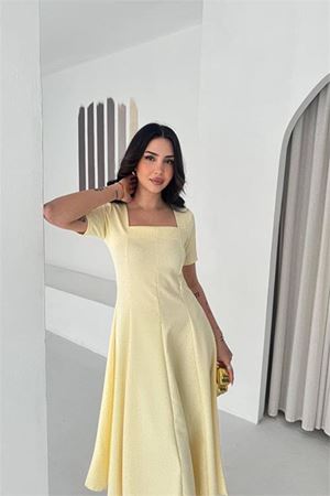Neşeli butik kadın sarı taş detaylı kare yaka midi boy kısa kollu elbise NBK4605