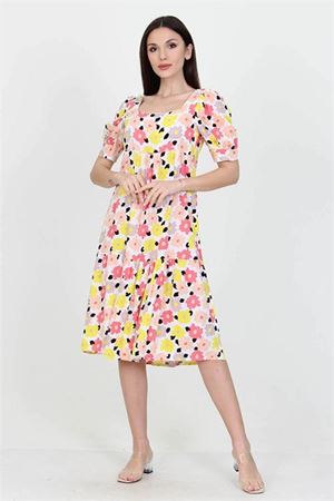 Neşeli butik kadın sarı kare yaka eteği fırfırlı çiçek desenli viskon elbise NB10026