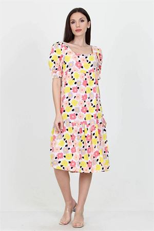 Neşeli butik kadın sarı kare yaka eteği fırfırlı çiçek desenli viskon elbise NB10026