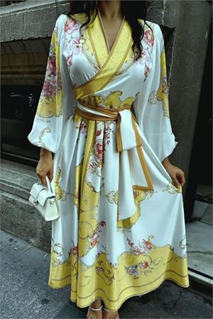 Neşeli butik kadın kuşaklı midi boy desenli elbise NBMS42149