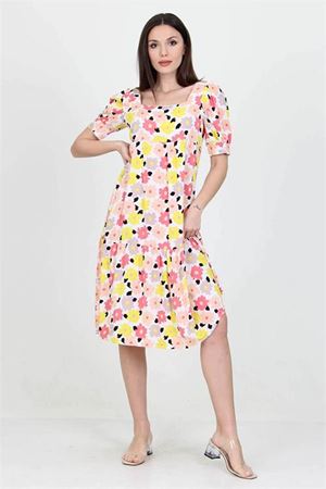 Neşeli butik kadın sarı kare yaka eteği fırfırlı çiçek desenli viskon elbise NB10026